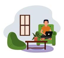 trabajando en casa, chico usando una computadora portátil en la sala de estar, gente en casa en cuarentena vector