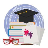 back to school, graduation hat on books glasses and color spots in papers vector
