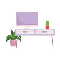 Pantalla de ordenador con cactus en macetas en la mesa y diseño de plantas aisladas fondo blanco. vector