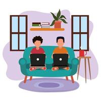 working at home, young men in sofa using laptop, people at home in quarantine vector