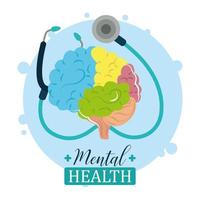 mental health day, medical stethoscope and human brain, psychology treatment vector