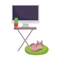 workspace table with computer screen cactus and cat in cushion isolated design white background vector