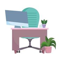 Espacio de trabajo escritorio sillón computadora y plantas diseño aislado fondo blanco. vector