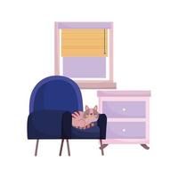 Gato descansando sobre una silla, mesa y ventana de diseño aislado vector