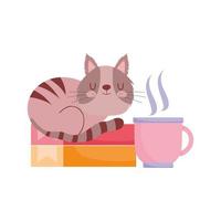 Libros de taza de café con gato diseño aislado fondo blanco. vector