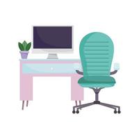 Área de trabajo silla verde computadora de escritorio y planta diseño aislado fondo blanco. vector
