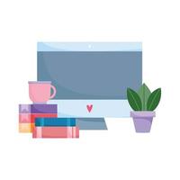 Espacio de trabajo computadora taza de café libros y planta diseño aislado fondo blanco. vector