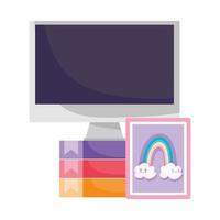 Espacio de trabajo pantalla de computadora en libros y dibujo de arco iris diseño aislado fondo blanco. vector