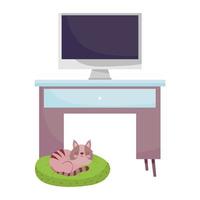 workspace computer screen desk and cat in bed isolated design vector