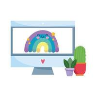 computer screen with potted plant and cactus isolated design white background vector