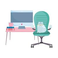 Espacio de trabajo gato en silla computadora de escritorio y planta diseño aislado fondo blanco. vector