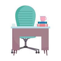 Área de trabajo silla de escritorio taza de café y libros diseño aislado fondo blanco. vector