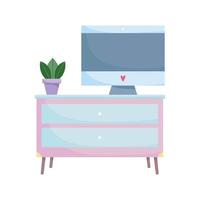 monitor pc with plant on furniture table isolated design white background vector