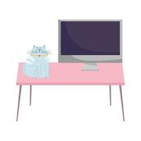 workspace desk with computer and cat isolated design white background vector