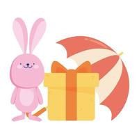 cute rabbit with gift box and umbrella autumn season icon style vector