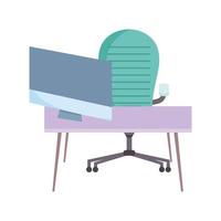 Área de trabajo silla verde escritorio y pantalla de pc diseño aislado fondo blanco. vector