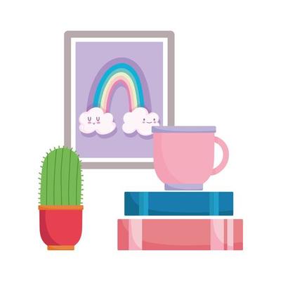coffee cup books cactus and frame isolated design white background