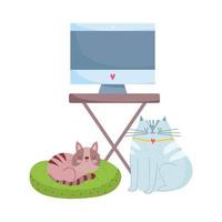 workspace monitor computer on table and cats isolated design white background vector