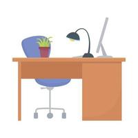 workspace office desk chair lamp computer and plant isolated design white background vector