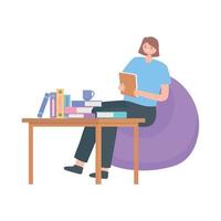 female employeee sitting on chair with book office space vector