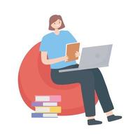 Mujer sentada con laptop y libros trabajando diseño aislado fondo blanco. vector