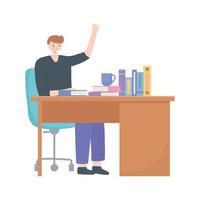 Hombre trabajando en un escritorio con libros y taza de café diseño aislado fondo blanco. vector