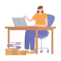 woman with desk laptop and books work vector