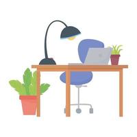 Espacio de trabajo silla de oficina escritorio portátil lámpara y plantas diseño aislado fondo blanco. vector