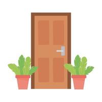 home door and potted plants isolated design white background vector