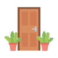 Puerta de casa y plantas en macetas de diseño aislado fondo blanco. vector