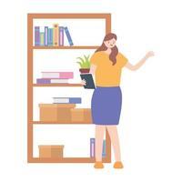 employee female interior office desk lamp chair and bookcase vector