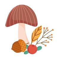 autumn mushroom acorn berry branch leaf isolated design white background vector