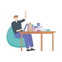 Hombre sentado trabajando con libros sobre la mesa de diseño aislado fondo blanco. vector