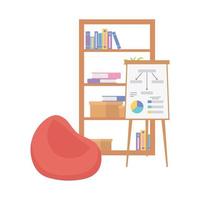 workspace office bean chair bookscase and board presentation isolated design vector