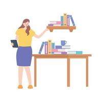 woman employee with folder shelf and table with books isolated design white background vector