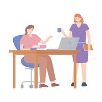 coworking, female employees office desk laptop and coffee cup vector