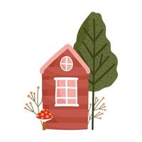 campo casa vintage árbol seta hojas dibujos animados vector