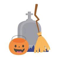 happy halloween tombstone pumpkin and broom vector