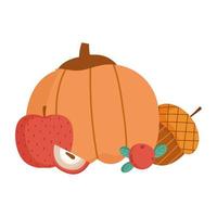 hola otoño, calabaza fresca manzana bellota baya y cono de pino dibujos animados fondo blanco vector