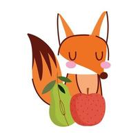 hola otoño, lindo zorro con manzana y pera cosecha frutas dibujos animados vector