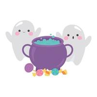 feliz halloween pequeños fantasmas con caldero y dulces vector