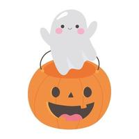 happy halloween pumpkin shaped bucket and cute ghost cartoon vector