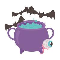 happy halloween spooky eye cauldron and bats decoration vector