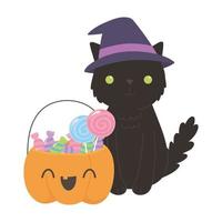 feliz halloween, gato negro con sombrero de calabaza y dulces vector