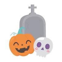 happy halloween pumpkin tombstone and skull cartoon vector