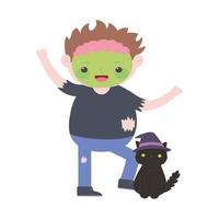 feliz halloween, niño disfrazado de monstruo con gato negro con sombrero vector