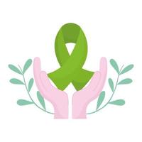 world mental health day, hands green ribbon brain emblem vector