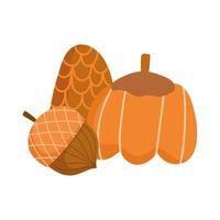 feliz día de acción de gracias, calabaza, bellota y celebración de piña vector