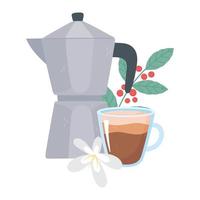 día internacional del café, taza de tetera, rama de flor y granos. vector