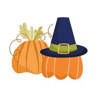 happy thanksgiving day, pilgrim hat and pumpkins celebration vector